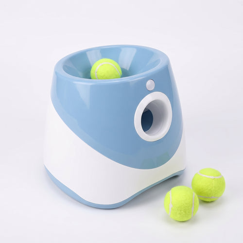 Automatic tennis ball launcher in blue with tennis balls